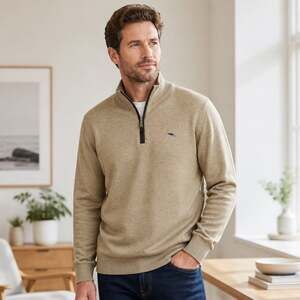 Bob Timberlake Men's Tan Quarter-Zip Pullover Sweater Embroidered Feather Logo